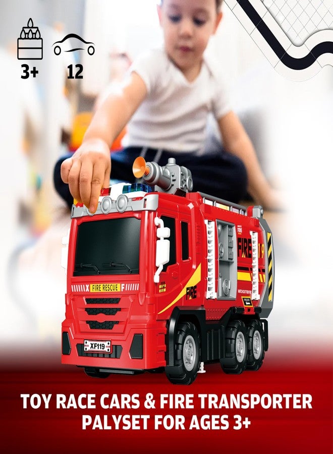 BuddyBight 3in1 Fire Trucks Toys for Toddlers Ages 3-5, Carrier Toy Truck & Foldable Race Track, 12 Die Cast Cars Firetruck Toys for Toddlers 1-3 3-5 w/Light & Sound, Kids' Play Cars & Race Cars for Boys Girls - Image 2